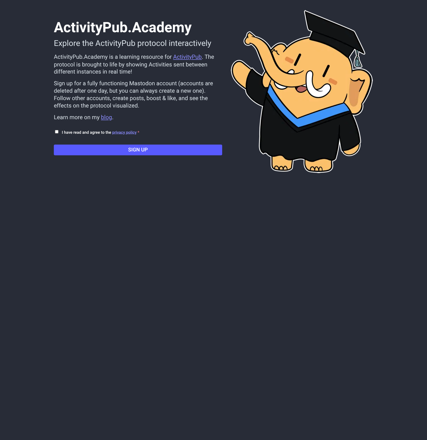 ActivityPub.Academy sign-up page showing the privacy policy checkbox and Sign up button