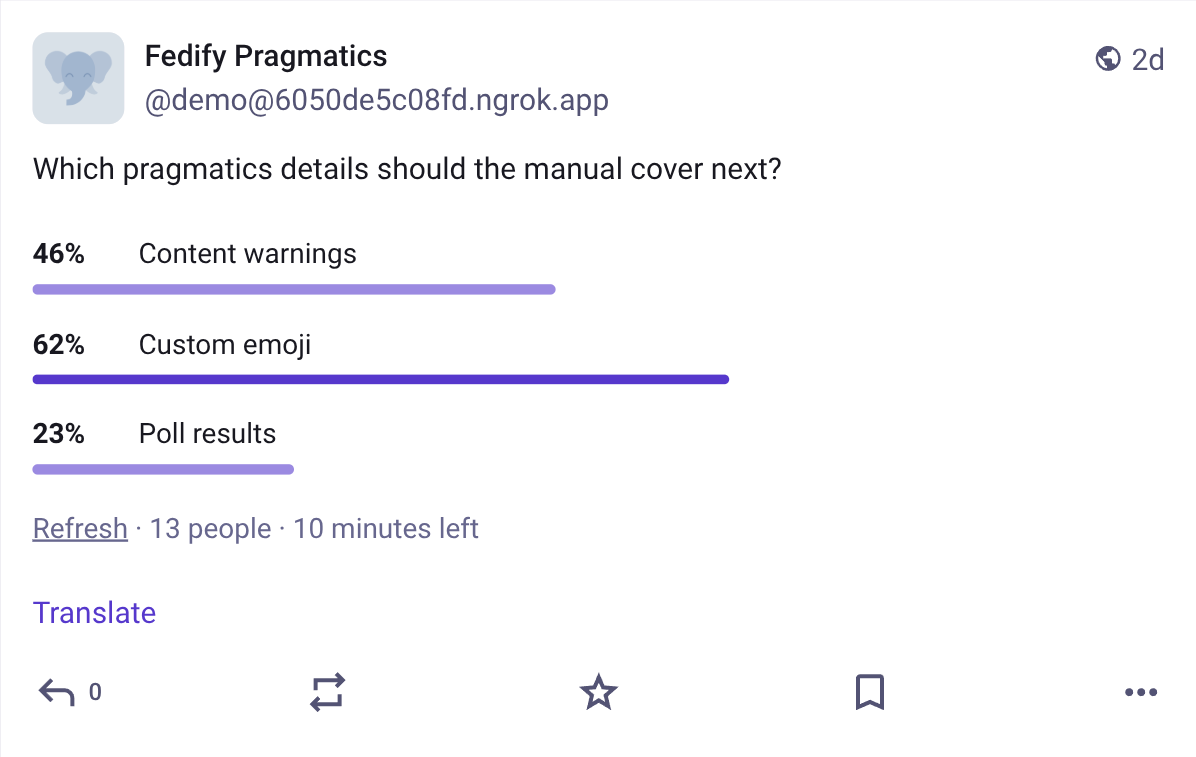 Screenshot: A multiple-choice question object rendered as poll results in
Mastodon